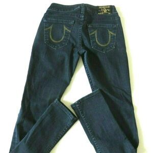 True Religion Stella Jeans Rare Gold Stitched Dark Blue Denim Women's Size 24